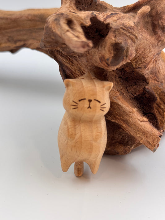 Handcrafted Beechwood Lucky Kitten Charm | Fu Meow Cat Ornament | Wooden Pocket Amulet