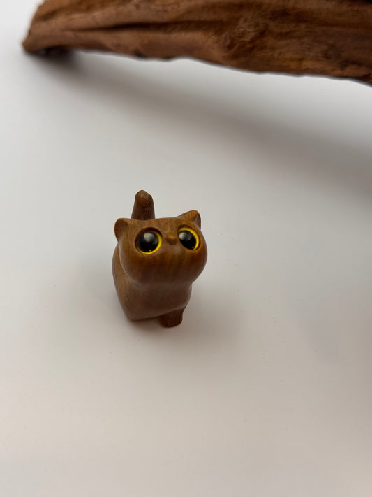 Curious Kitten Sandalwood Carving | Whimsical Hand-Carved Cat Figurine | Mini Zen Desk Charm (1.3"x1.2"x0.8")